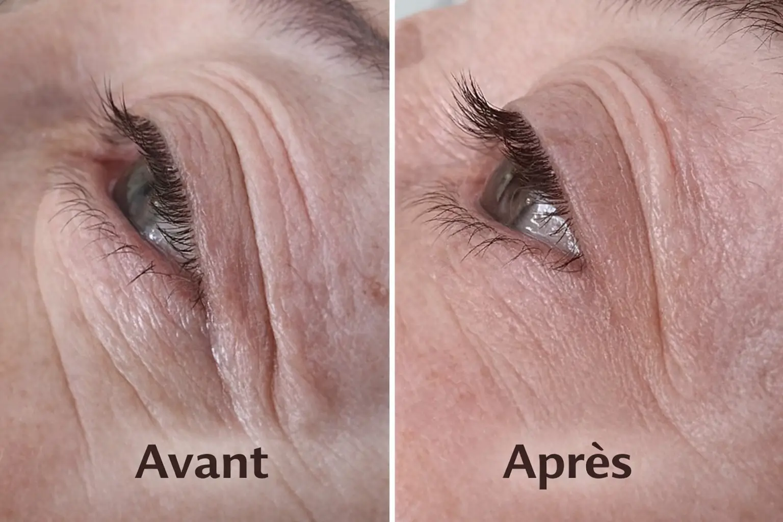 Rides pattes d'oie contour de l'œil avant et après 3 semaines Plasma Pen — lifting sans chirurgie Marignane